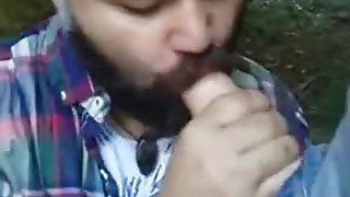 Bearded bear suicking cock in the woods