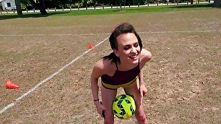 Football chick has a wild twosome outdoors with soccer player