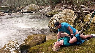 Ventures Outside For A Public Waterfall Hike And Finds A Bed Of Moss To Fuck On