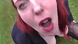 Redhead Deutsch milf works that big cock with her ass and mouth in the park