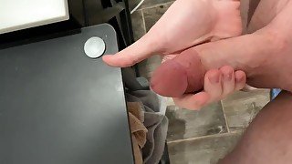 Using my toy and jerking my cock then cumming on shelf