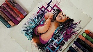 Erotic Art of a sexy passionate brunette girl in purple strip teasing