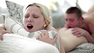 Gorgeous blonde babe takes her horny boyfriend to her room so they can bang hardcore