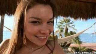 Teen latina shows off her huge tits before jerking a dude off