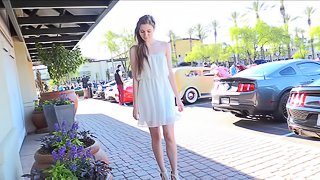 Beauty in a dress and heels gets excited flashing in public