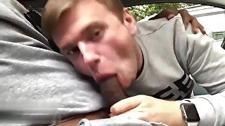 Deepthroating big uncut Russian cock in the car