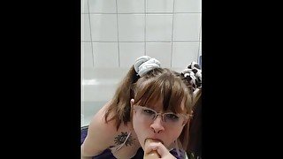 Nerdy girl give thick dildo sloppy BJ