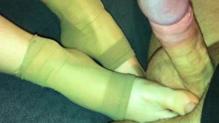 Amateur footjob #53 nylon feet playing with balls, cum on feet