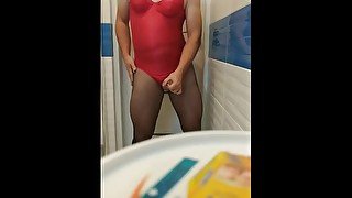 Boy on one piece swimsuit and pantyhose get shower