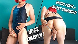 Hot Redhead Tranny Spreads Big Ass and Close-Up Cum Climax in Adidas Swimsuit POV with TS Sissy JOI