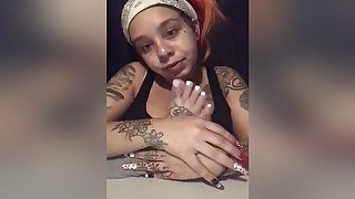 Little Tattooed Ebony Licking Her Yummy Toes With Colorful Toe Nails