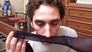 Young man obsessed by nylon jerking off his cock