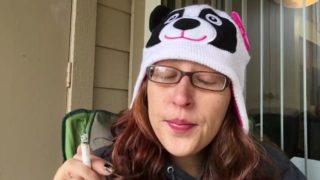 Sexy Redhead Smoking White Filter 100 Outside in Funny Beanie Hat No Makeup