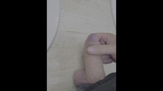 Risky jerking off cum shot in public bathroom hand job