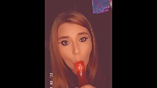 Slut sucking dildo like a cock