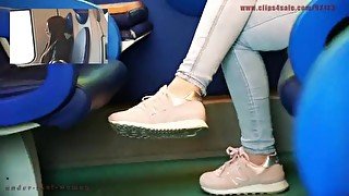 Candid feet girl in Pink sneakers crossed legs - 4k