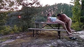 Chubby milf fucks outdoor