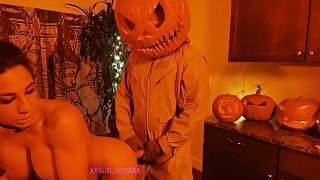 Trick or Treat PUMPKIN King~ JACK-O-LANTERN FUCKS me CUMS on my BIG TITS after SUCKING THROATING him