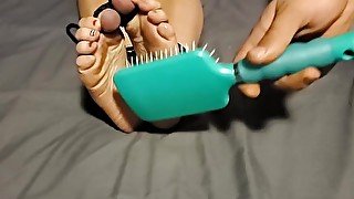 Tickle torture on feet , lotion, hairbrush, vibratory, hands, rope