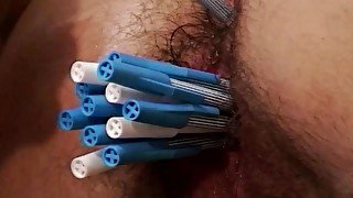 Skinny redhead milfs hairy bush tight asshole gets deep toyed with pens and rough anal fucked