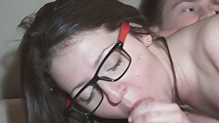 Young cute nerd gives blowjob and gets boned deep and hard