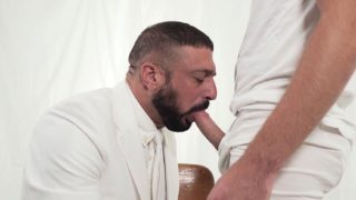 Bishop sucks twinks stiff cock and rides him bareback