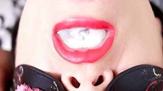 Surprise Huge Cumshot Load in Stepsister's Mouth - Sensual Red Lips