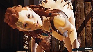 Aloy from Horizon Forbidden west caressing a hard cock with her feet