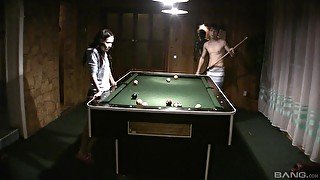 Amateur couple playing pool and having sex on the pool table