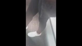 Step son see thru black leggings while step mom walks into supermarket 