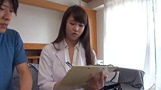 Clothed sex in missionary with a horny Japanese nurse with natural tits