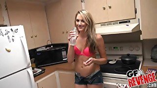 Smiling blonde teen babe Brianna Oshea gets cum on her sexy belly