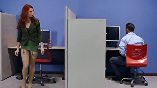 Debauchery in the office ends with cumshot on redhead's feet