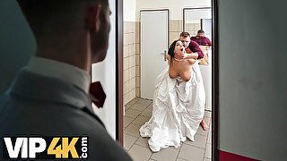 VIP4K. Being locked in the bathroom, sexy bride doesnt lose time and seduces random guy