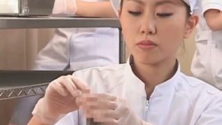 Teen asian nurses rubbing shafts for sperm medical exam