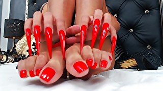 Cam Slut Touches Her Fantastic Feet With Her Huge Red Finger Nails