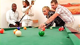 Bright and seductive gals with nice butts get fucked tough in the billiard hall