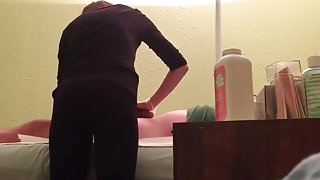 Waxing girl cleans his pubes and gives a handjob