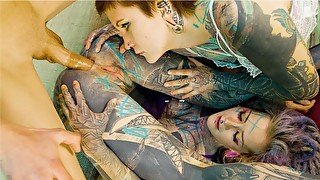 2 heavy tattoo girls get ass fucked by a big dick - ANAL, gape, prolapse, ATOGM, split tounge BJ -