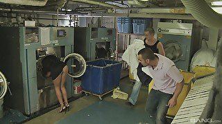 sexy brunette Melanie Memphis enjoys hard threesome at the laundry