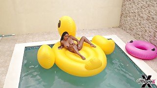 Slutty Asian MILF Maxine X floats around pool and has a rubber ducky fucky!!