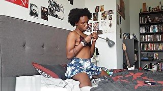 Ebony Femboy Dresses Up Smokes and Fucks His As