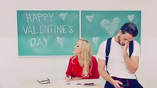 A blonde with large tits is fucked in the classroom hard