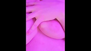 Spraying a really long cumshot over huge boobs