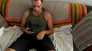 R.Goodboy J/O on couch watching daddy porn hot cumshot with BIG buttplug