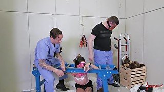 Slut put in bondage to swallow his hard dick