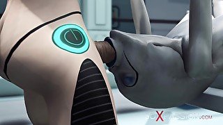 Alien lesbian sex in sci-fi lab. Female android plays with an alien