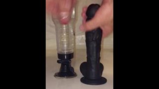 (custom video, edited) Horny married guy plays with fleshlight & Cums on dildo & sucks clean.