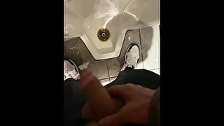 Date night piss in full public restroom moaning naughty piss making mess pee in floor