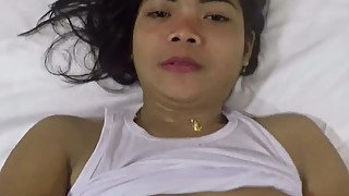 Whorish Asian girlfriend with tight tits is going to fuck her hairy twat with fingers a bit